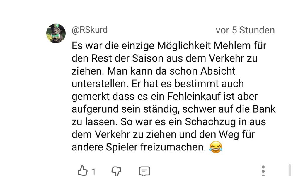 Es war die einzige Möglichkeit Mehlem für den Rest der Saison aus dem Verkehr zu ziehen. Man kann da schon Absicht unterstellen. Er hat es bestimmt auch gemerkt dass es ein Fehleinkauf ist aber aufgerund sein ständig, schwer auf die Bank zu lassen. So war es ein Schachzug in aus dem Verkehr zu ziehen und den Weg für andere Spieler freizumachen.
