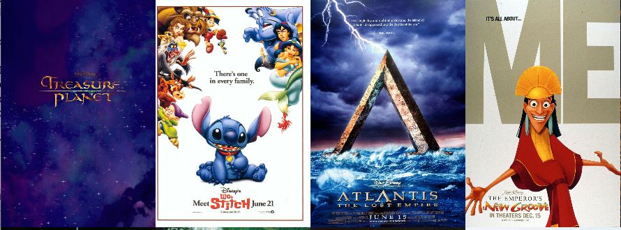 Movie posters for Disney's Treasure Planet, Lilo & Stitch, Atlantis: The Lost Empire, and The Emperor's New Groove