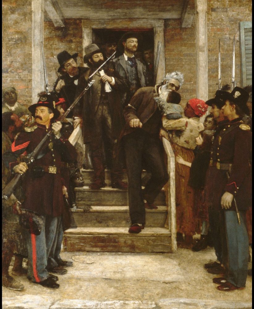 Last Moments of John Brown by Thomas Hovenden, an older Caucasian man with a long white beard in handcuffs bends to kiss an African American baby on the head on his way to be hanged.