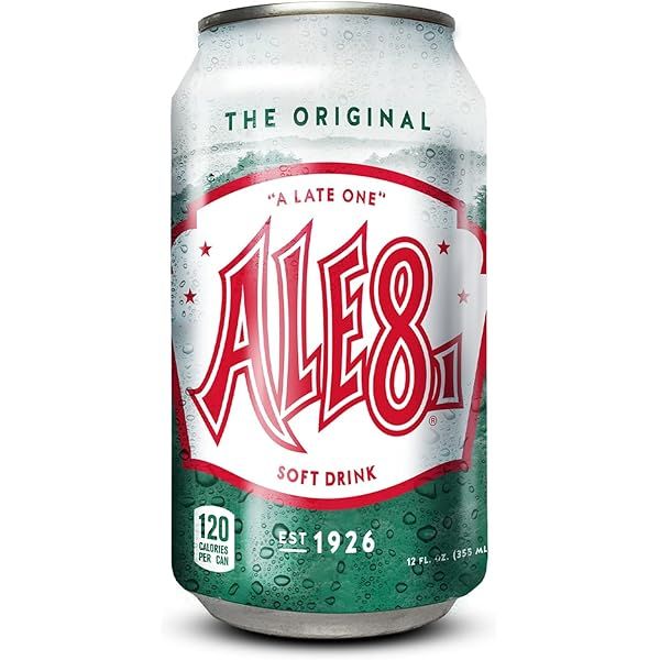 a green white and red can of Ale8 ginger ale.