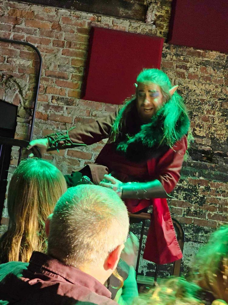 Me riding  the stage seating barricades as a half elf, singing “Wonderboy”