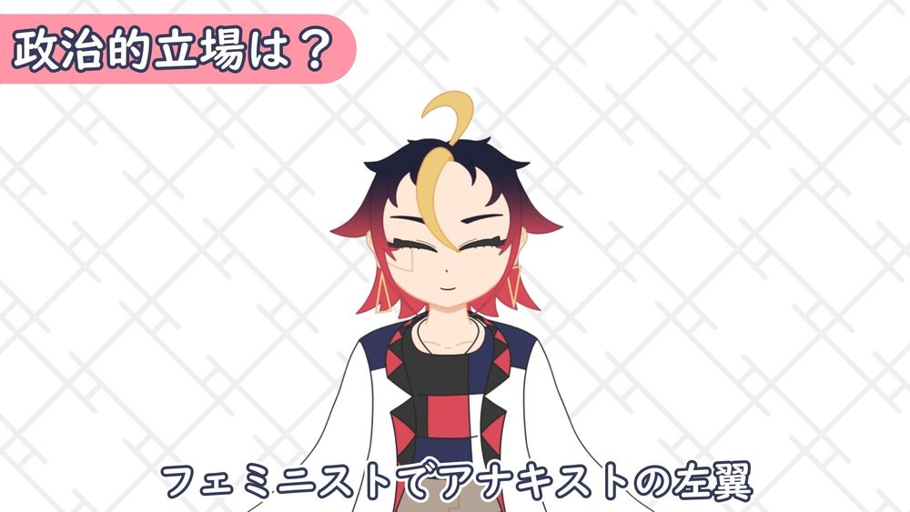 中央にヰツ瀬。
画像左上に「政治的立場は？」と書かれている。
下側に「フェミニストでアナキストの左翼」と書かれている。