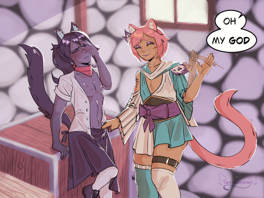A continuation of the previous image. The character on the left is covering his face with his hand and the one on the right is smiling and waving while the off-screen character yells "Oh. My GOD"