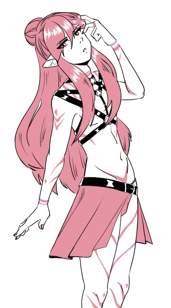 An elf dressed in a harness and an open-front skirt running a finger through their hair and looking down on the viewer.