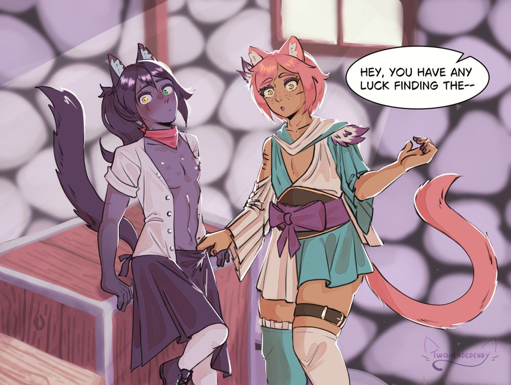 Two nekomimi characters being surprised in the middle of getting frisky at work in the storeroom. A character from off-screen asks "Hey, you have any luck finding the--" before cutting themself off.