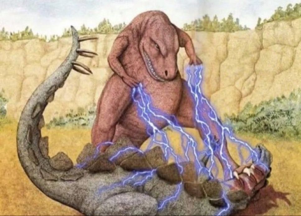 Trex zapping the steg a Saurus and Tapping on it's neck to the beat of a popular song 