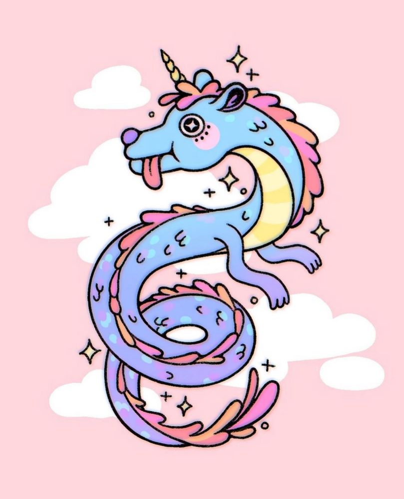 A blue-ish purple-ish dragon think spiralling on a light pink background with some fluffy clouds. The dragon has two wiggly arms and he’s sticking his tongue out 