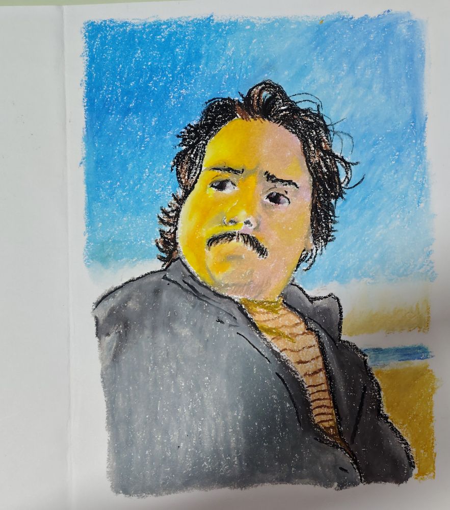 Autoretratinho em giz pastel oleoso de uma foto das últimas  férias.