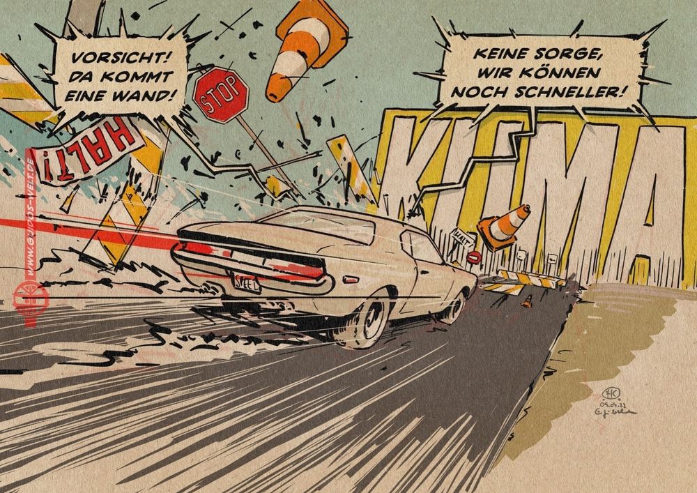 Auto rast mit Vollgas in die Klimawand und überfährt alle Absperrungen.