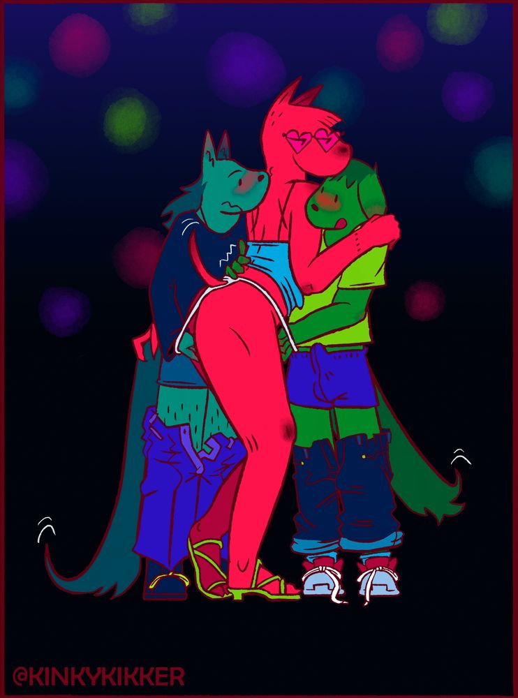 a tall red dog furry flanked by two significantly shorter dogs. she's wearing a dress hiked up above her hips, heart glasses and a thong. the doggies on her sides are nervously playing between her legs. the one on the left has a mullet, long dark tail, long sleeve, undies on and pants around their knees. the other one wears a t-shirt, boxers (with visible hard-on) and jeans round their knees.