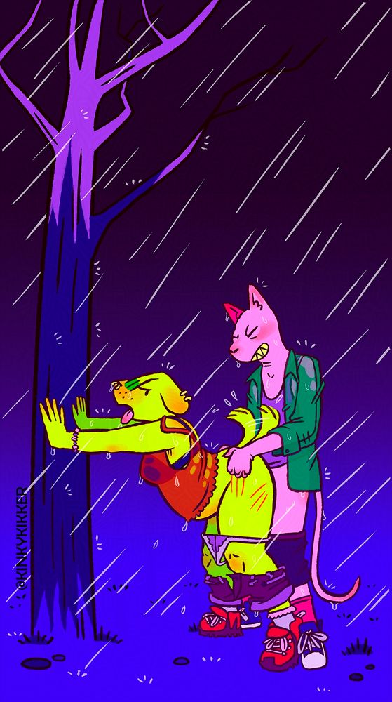 a dog leans against a tree, getting railed by a sphinx cat in the pouring rain. the dog wears a drenched top and has their panties and shorts around their ankles. the sphinx is digging into the dog's butt with their claws and wears a soaked shirt, they've also got their undies around their knees.