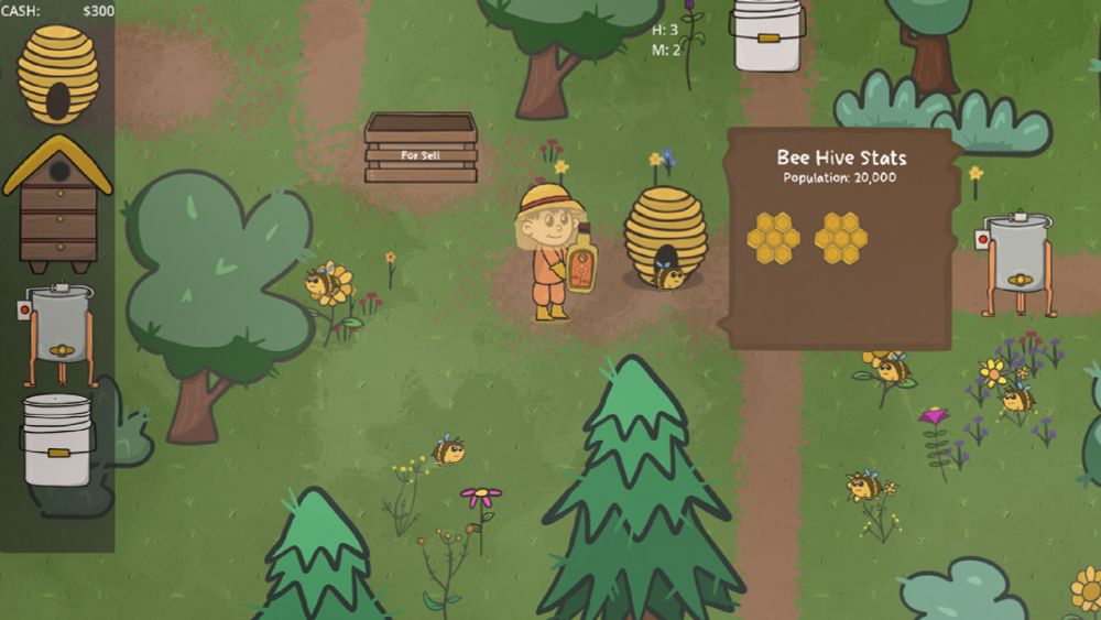A beekeeper holding a bottle of mead. They are in a forest next to a honey hive. The info panel says "Bee Hive Stats, population 20000" and has 2 honeycombs
