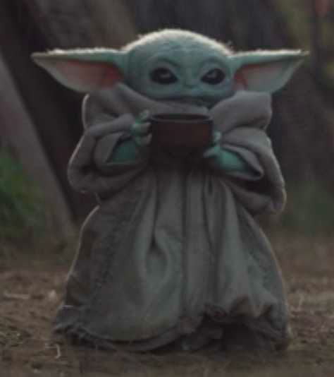 Grogu (aka Baby Yoda) drinking a hot drink