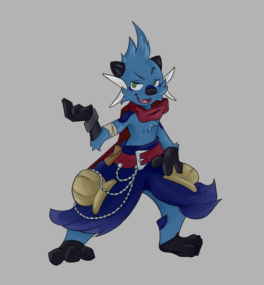 A Dewott with a very punky looking attire beckoning the viewer. they have a few distinct markings, but still share their base colours with other Dewotts