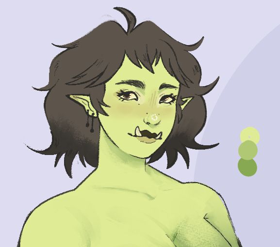 Un dibujo de una mujer semiorca. Con la piel verde y el pelo corto marrón cenizo. Sus ojos son pequeños al igual que la nariz.
Los labios son asimétricos y tienen dos tonos y dejan ver sus dos colmillos inferiores.