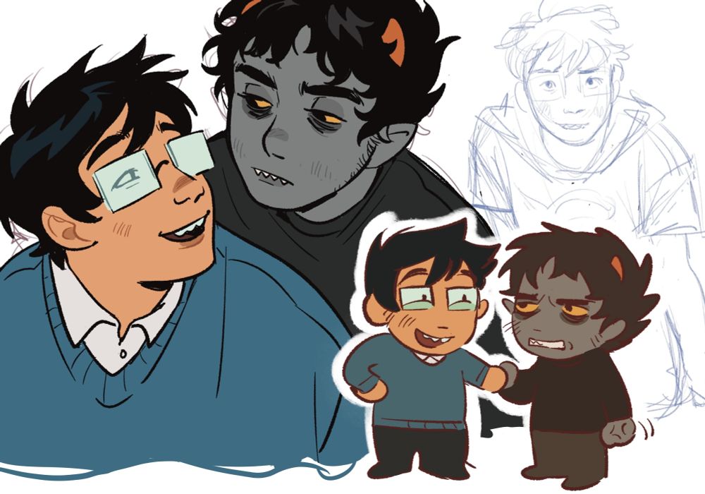 digital illustration of john and karkat from Homestuck. on the left, karkat looks over john's shoulder at his dorky expression of glee. at the bottom, a chibi version of john and karkat hold hands, john smiling and karkat mad. in the rightmost background is a rough sketch of john smiling shyly and facing forward.