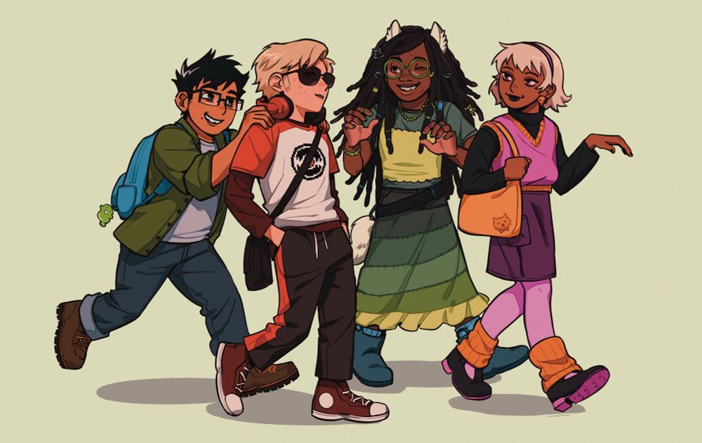 digital illustration of the beta kids from Homestuck walking together on a neutral background. from left to right is a smiling john with his hands on daves shoulders, dave with his hands in his pockets, jade with her hands raised and smiling toward dave, and rose pointedly looking back at dave with her wrist limp.