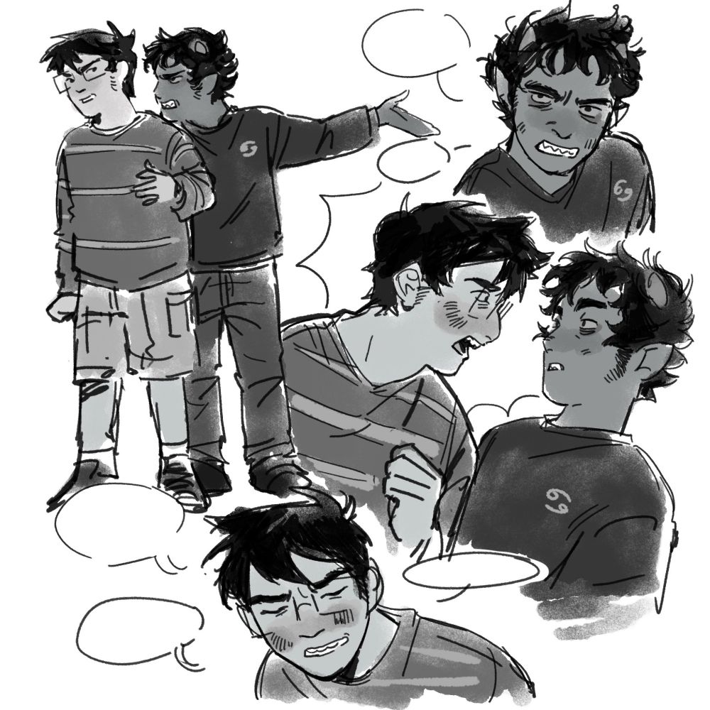 black and white sketchpage of john and karkat from Homestuck fighting about dave. no words are shown but it depicts them in four positions, one where karkat gets in john's face and then progresses through john yelling back and looking embarrassed about it.