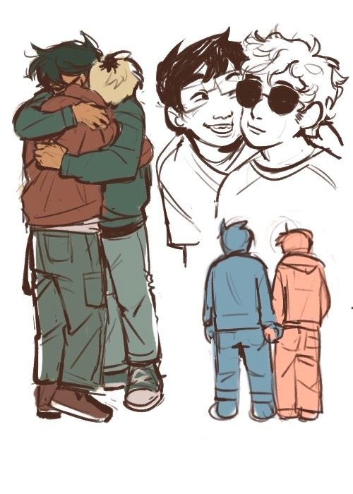 limited color sketchpage of john and dave from homestuck. in the top left corner they are hugging in an upright position, with john's head on dave's shoulder. on the top right, john has his face mashed against daves cheek in a line-only bust. the bottom right depicts them standing and holding hands in a simple flat colors of red and blue.