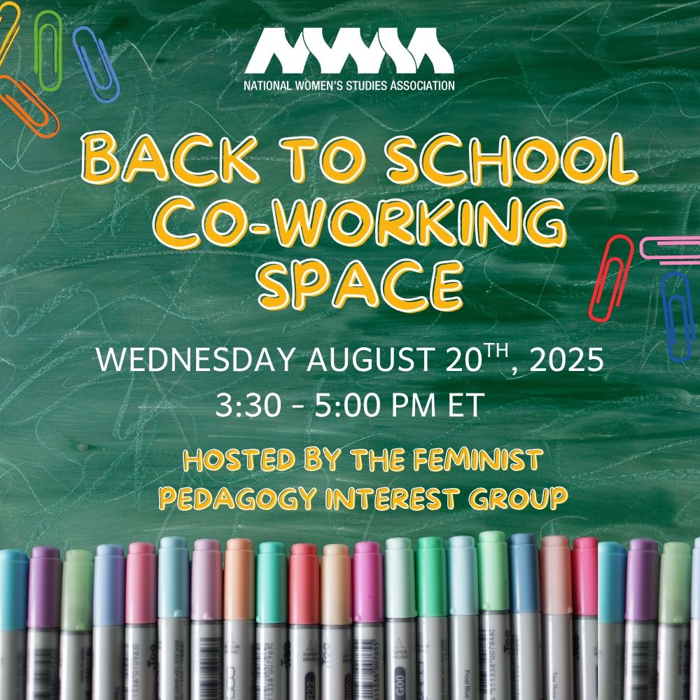 Digital flyer image: A green chalkboard serves as the background image of this flyer. The words Back to School Co-Working Space are written in a stylized chalk-like font. Images of pens in a row are poistioned along the bottom of the flyer with scattered multi-colored paper clips along the left and right edges