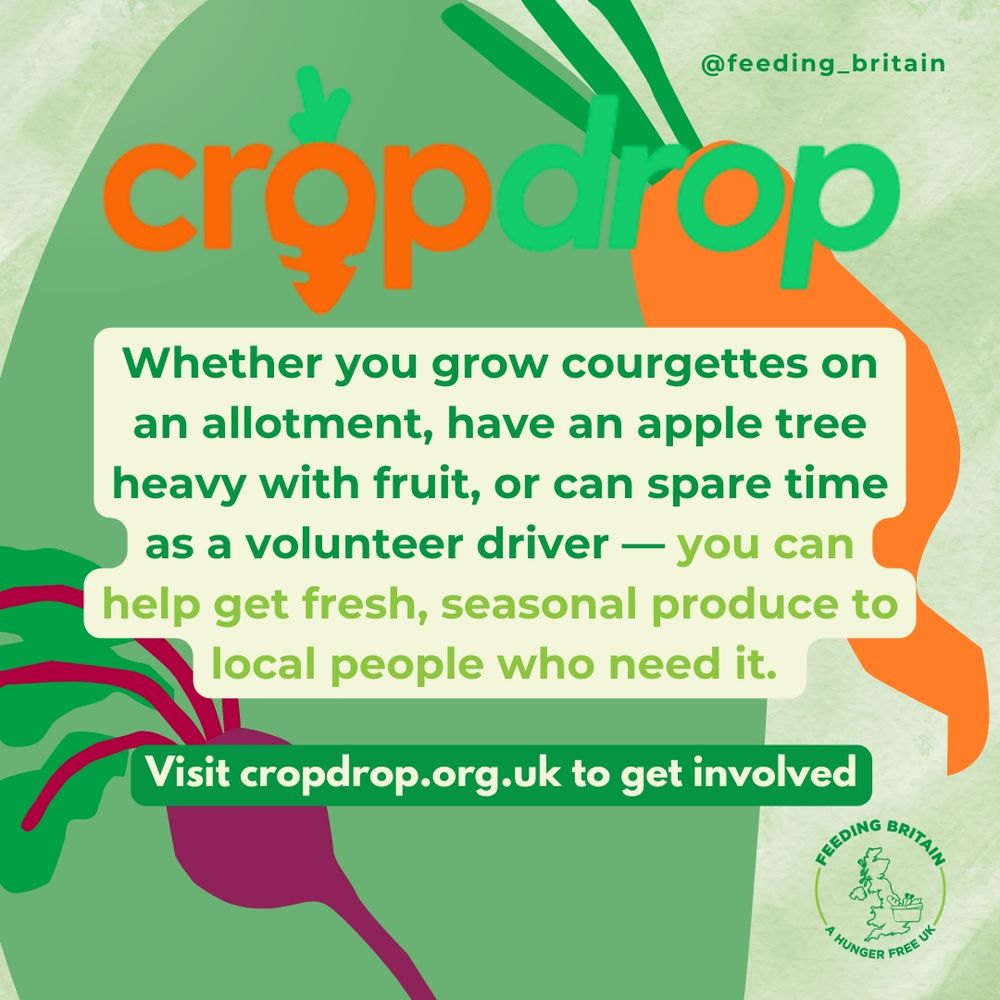  Graphic with a green background and colourful fruit illustrations. Text reads: Whether you grow courgettes on an allotment, have an apple tree heavy with fruit, or can spare time as a volunteer driver — you can help get fresh, seasonal produce to local people who need it. Visit cropdrop.org.uk to get involved