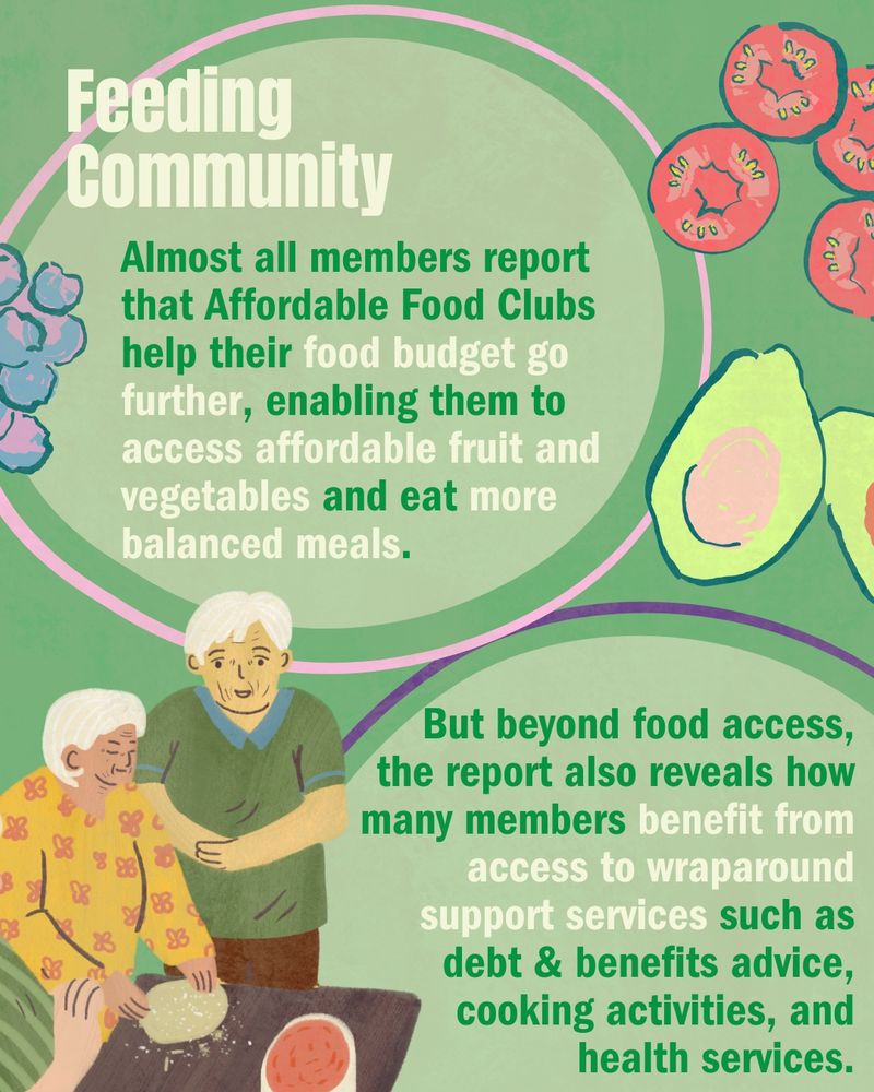Green and pastel-themed illustration with fruits and vegetables (avocados, tomatoes, blueberries) and two elderly women preparing food together. Text describes how Affordable Food Clubs help stretch food budgets and enable access to healthy food. It also notes that many members benefit from support services like debt advice, cooking activities, and health services.