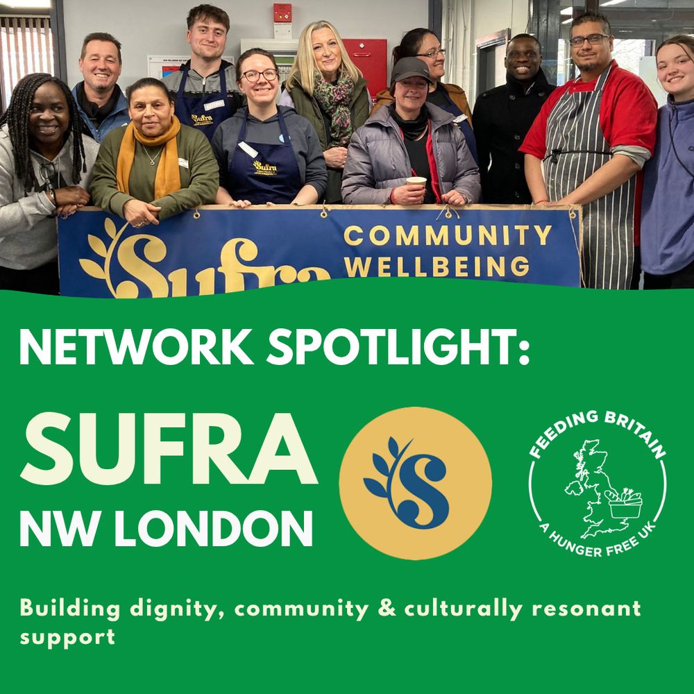 A group of volunteers and staff smile together, holding a blue banner that reads “Sufra Community Wellbeing.” Text on the image reads: “Network Spotlight: Sufra NW London. Building dignity, community & culturally resonant support.” Logos for Sufra and Feeding Britain are included.
