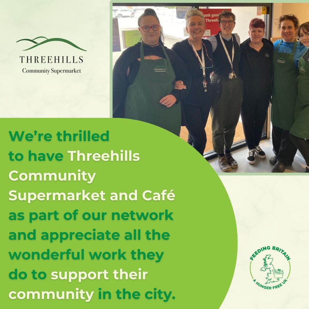 Picture in top right of group of workers smiling in a shop. Top left contains the three hills logo. Text reads: "We’re thrilled to have Threehills Community Supermarket and Café as part of our network and appreciate all the wonderful work they do to support their community in the city."