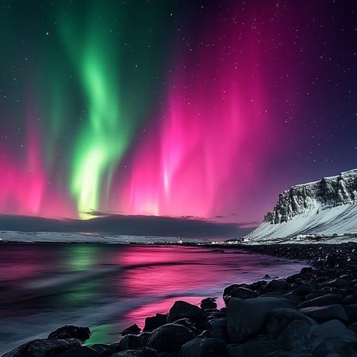 Wide streaks of unusual pink Aurora Borealis lights colour the sky alongside the more typical green lights. The striking display is shown here above what looks like an Icelandic lagoon and a rocky beach.