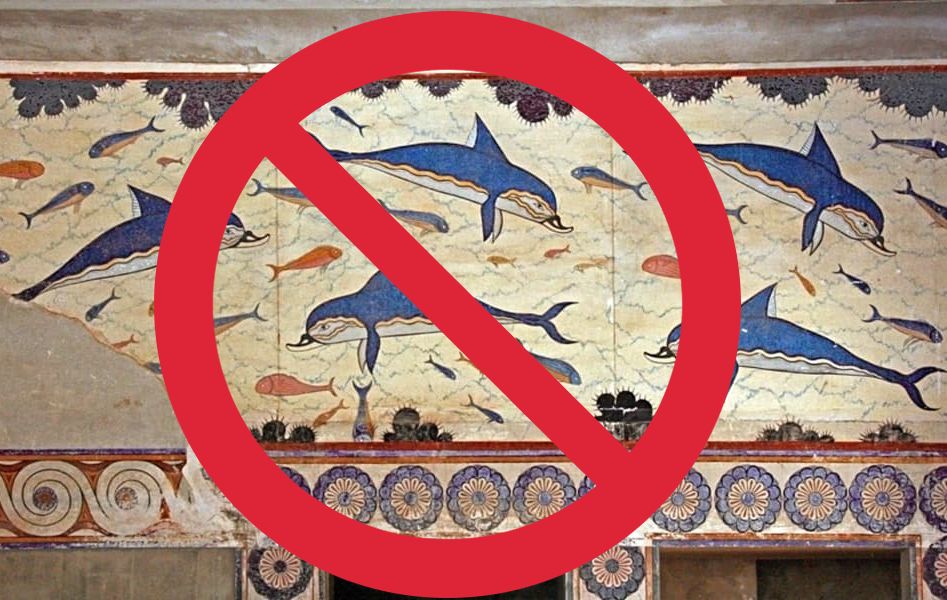 An image of the Minoan Dolphin Fresco at Knossos but there’s a large red circle with a line through it imposed on top, symbolizing “no” or “not allowed” to the dolphin fresco. The fresco dates between 1700-1400 BC and depicts blue and white dolphins swimming between blue, yellow and orange fish on a cream colored background. 