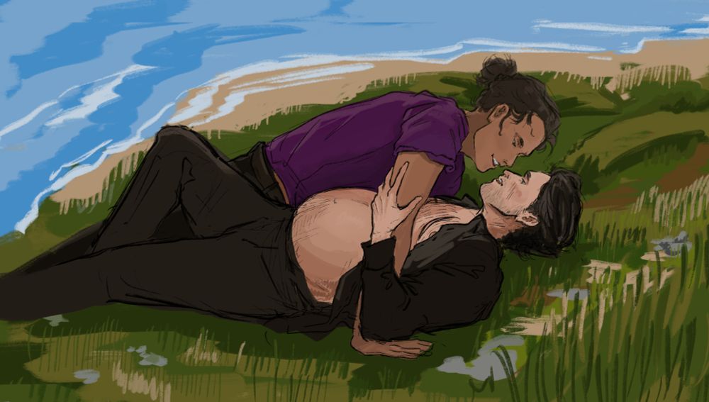 A digitally painted sketch of Ed and Izzy lying on a beach looking at each other with a happy and relaxed expression. Izzy is pregnant and his shirt is open. They are painfully in love, eugh. 