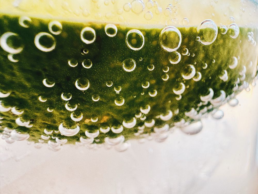 Close up of bubbles from tonic water on a lime wedge in a gin and tonic.