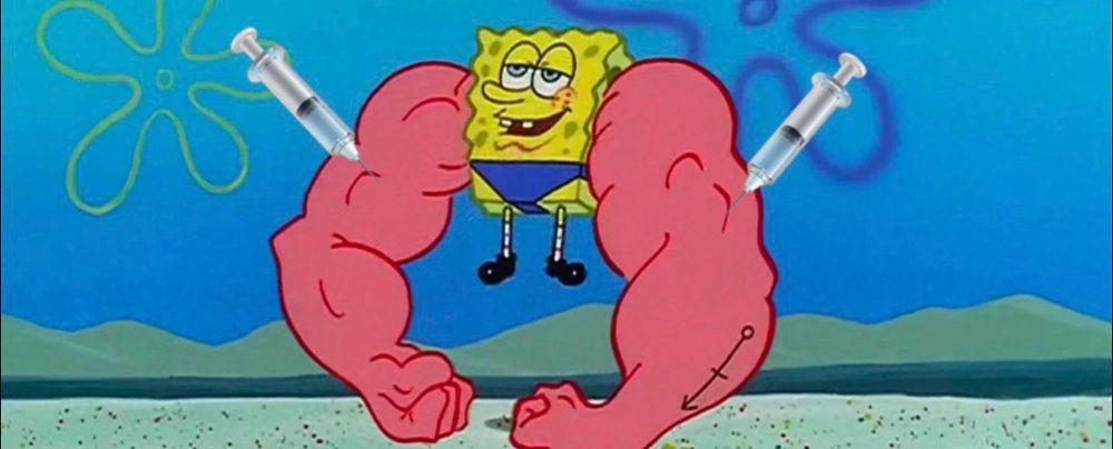 spongebob with big arms flexing with two photoshopped needle emojis in his arms…he looks happy. I am not