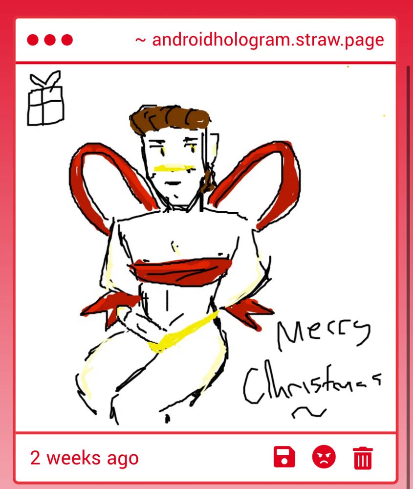 A drawing of Data from Star Trek naked and tied up with ribbon