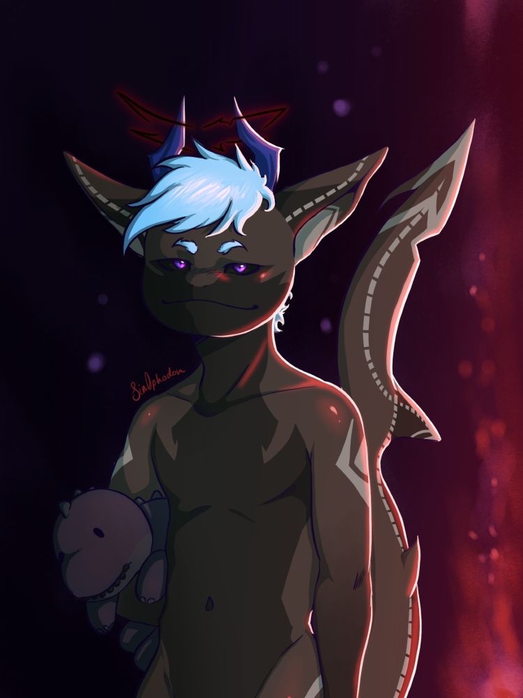 A drawing of a dark grey shark sona with a forked tail and devil horns. He is holding a dinosaur stuffie under one arm. A dark, broken halo glowing red is around his horns. Illuminating him from the right is a red bubbling thing, perhaps a thermal vent. 