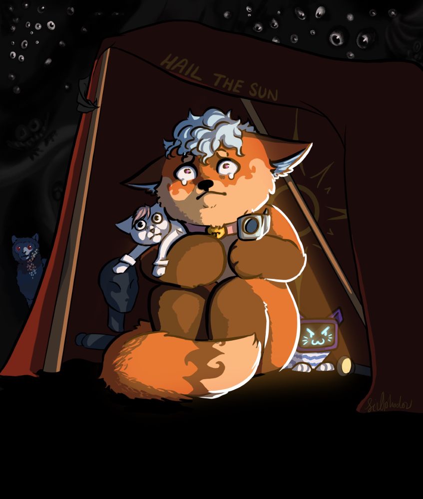 Exzyle’s fox fursona hiding in a blanket fort. She is holding a gun and argemwell the cat. A flashlight illuminates her from the right and the TV cat behind her. A mannequin’s decapitated head and separated limb are to her left. The blanket says “HAIL THE SUN” and has a sun logo on it. Outside the fort is an evil llama with red eyes, as well as many disembodied eyes and faces. 