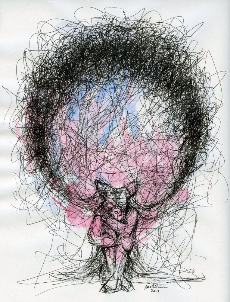 scribble doodle of black lady from sailor moon sitting on the ground hugging her knees head down, above her a scribbly black moon hovers 
