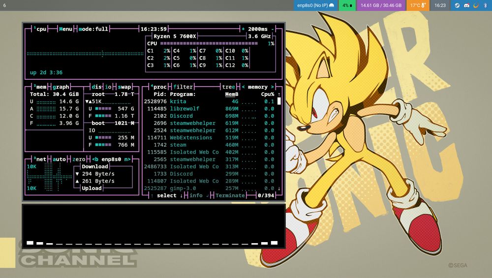 Screenshot of my PC. The Sonic Channel Super Sonic wallpaper is shown. The window manager is SwayFX, the terminal is kitty, the status bar is waybar, and bpytop and cava are running.