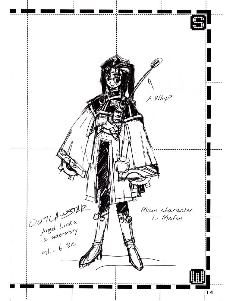 Early design for Meifon Li, the main character of Angel Links. She’s depicted with long robes, glasses, and a whip(?)