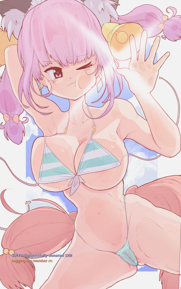 Her name is Nekole. She's pressed against the fourth wall while streaming. Someone in chat called "SDIYBTRespectfully" donates $20 and comments "tugging my member rn"
