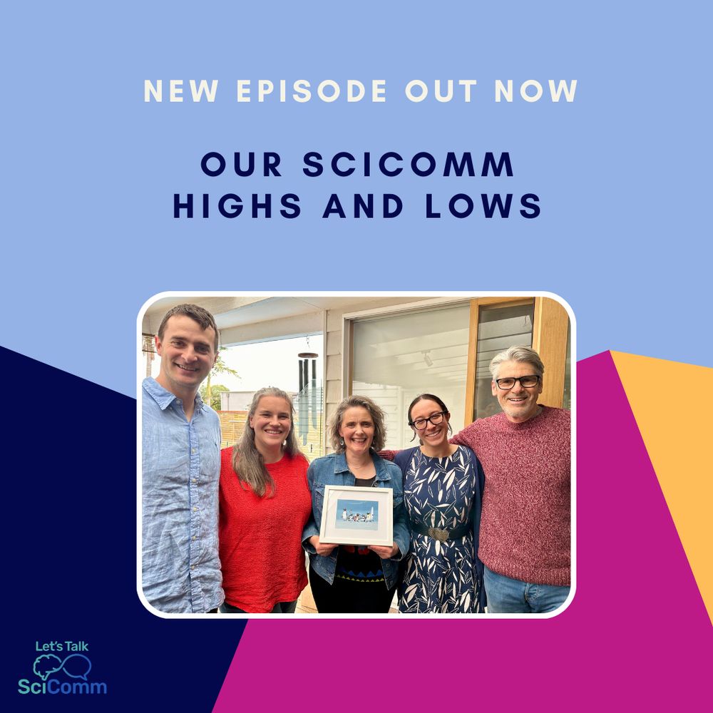 The text on this image says New Episode Out Now: Our Scicomm Highs and Lows. In the centre of the image is a photo of 5 people with a glass window and wind chime behind them. From left to right are a tall man (Michael) with dark brown short hair and wearing a pale blue shirt. Next to him is Linden - a woman with long straight brown hair, wearing a bright orange jumper. Next to Linden is Jen with shoulder length pale brown hair and wearing a blue denim jacket and black pants. To the right of Jen is a woman, Catriona, wearing a dark blue and white patterned dress and glasses. Her long dark hair is tied back. On the far right is Graham, a tall man with gray hair is wearing a brick red jumper and blue jeans. 

Everyone is smiling and Jen is holding a white picture frame with a cartoon of 5 penguins. If you look closely, the cartoon penguins each have distinguishing features to suggest that each one of the penguins represents one of the people in the photo and the five people are standing in the same order as their caricature penguin. This cartoon was a gift to Jen for her 50th birthday from the rest of the teaching team and the photo was taken at her 50th birthday party. 

The rest of the image is light blue, pink, dark blue and yellow geometric shapes. At the bottom left is the Let’s Talk SciComm logo. 