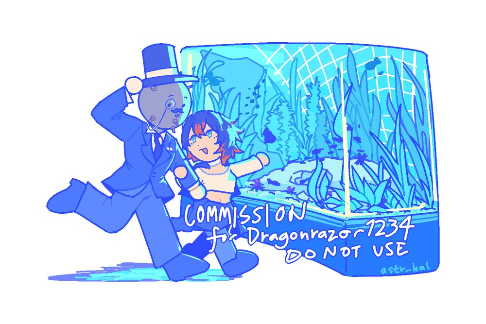 A girl holds on to a taller character with a seamine head, pointing to an aquarium.