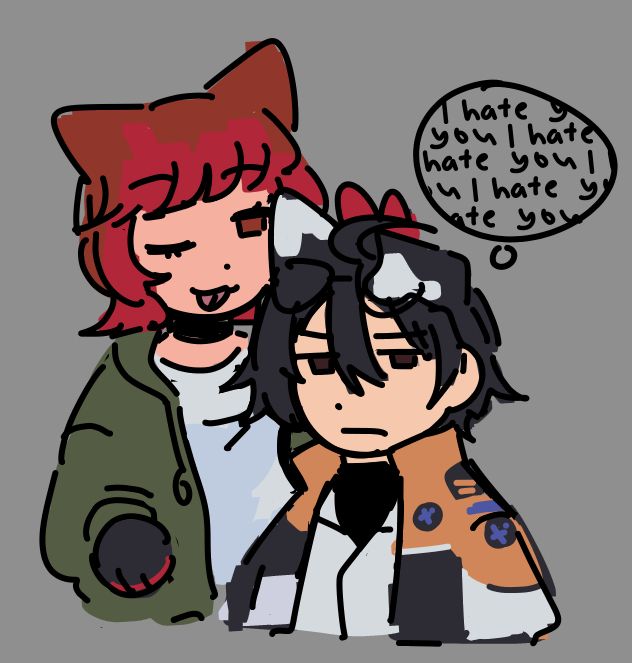 Drawing of Fiore putting bunny ears/devil horns behind Ethan's head. Ethan's thought bubble says "I hate you" over and over again.