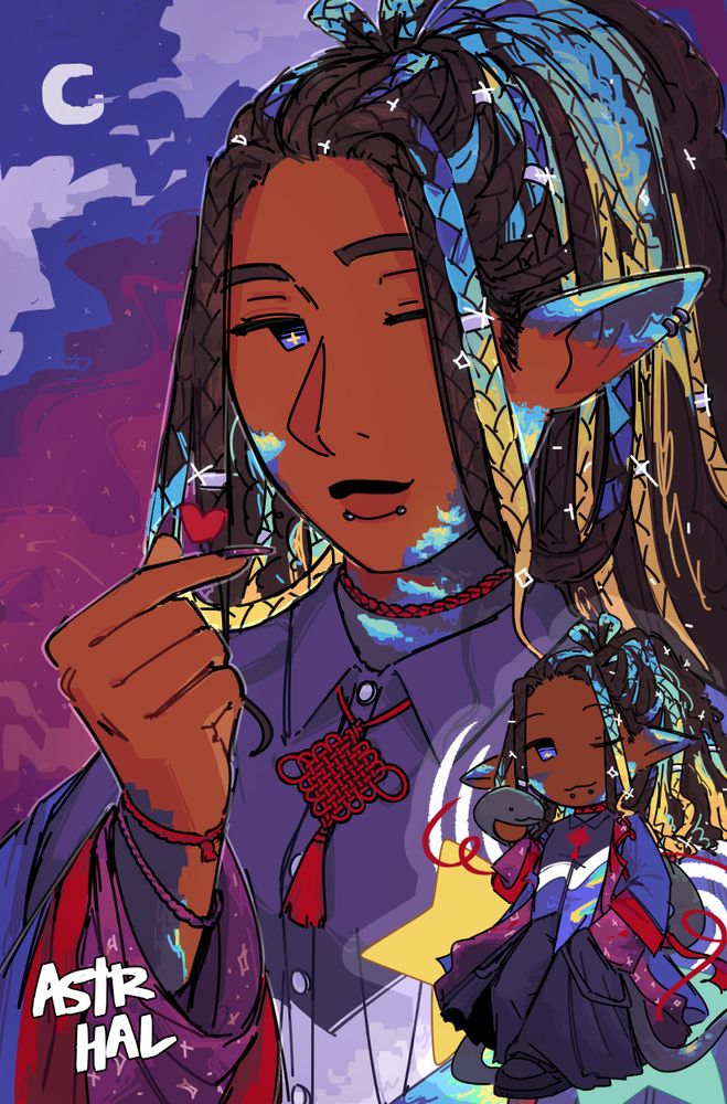 A snake gijinka doing a hand heart, with a chibi version in the corner.. They have colorful braids and patches of iridescent scales on their skin, and a Chinese knot necklace below her collar.