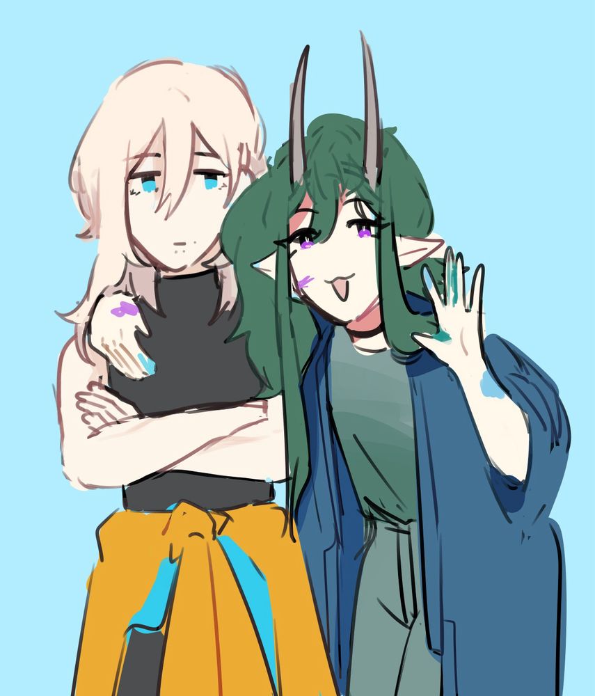 Two characters standing, one is waving at the viewer.