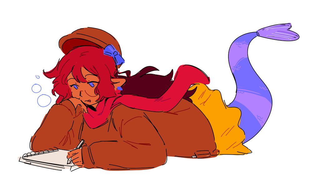 Alicia, a mermaid, draws in her sketchbook. Burgundy hair reaches her waist, a striped purple tail sticks out under her skirt. A brown hat floats above her head, decorated with a bow the same deep blue as her eyes. Her top is a brown oversized sweater, with a scarf around her neck.