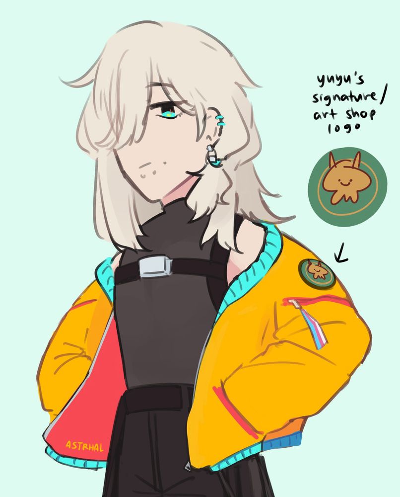 Headshot of a character wearing a bright orange bonber jacket. It has a transgender flag tag and a patch of Yuyu's art store.