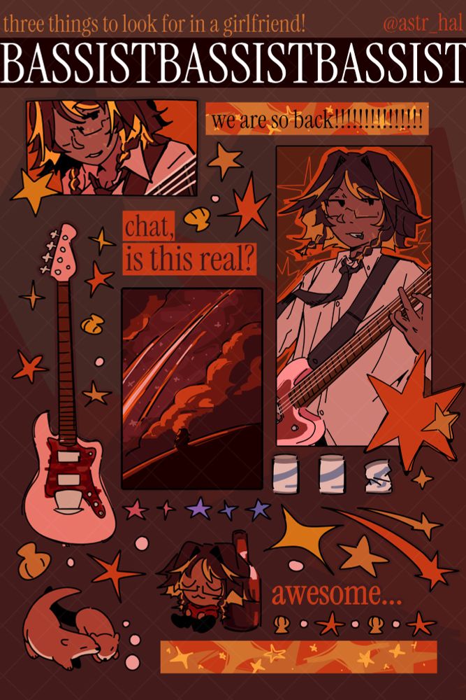 A sticker sheet of an OC Pina playing the bass. It is filled with shooting stars, clams, stars, and pearls.
