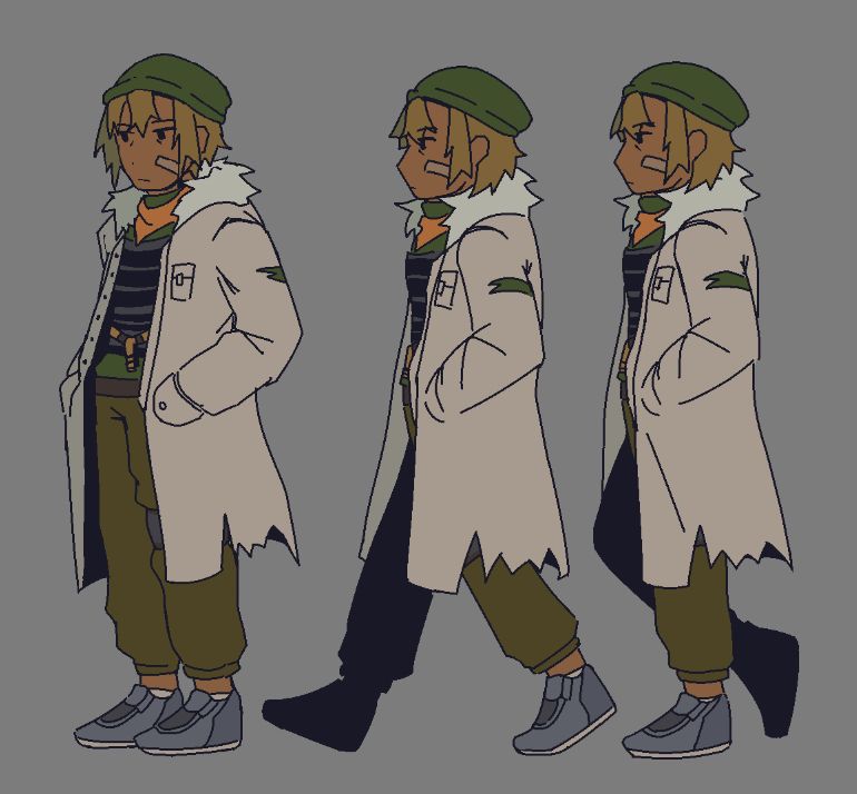Standing and walking sprites for a brown woman, her main design colors are olive, green, and orange. She is wearing a worn out coat, an orange bandana, a bulletproof vest, and running shoes.