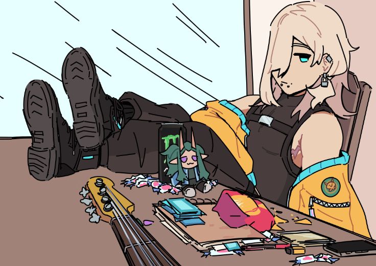 A character sitting on a chair, resting his legs on top of a table full of random stuff.